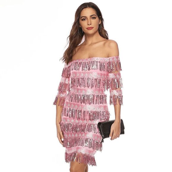 💗✨ 6PCS 1920s Great Gatsby Flapper Pink Sequin Dress & Accessories Set XL NEW - Picture 7 of 16